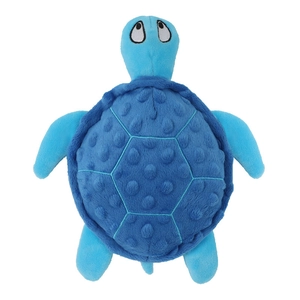 Blue plush sea turtle squeaky dog toy with textured shell for interactive pet play