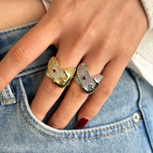 Iced out belt buckle rings in gold and silver finish with full crystal pavé for couples