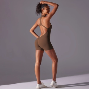 Close-up of seamless dark brown backless yoga jumpsuit with high elasticity fabric