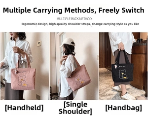Three ways to carry: corduroy tote bag with bear embroidery in pink and black colors