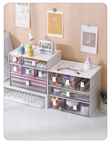 Detail of white desktop organizer featuring transparent drawers and cute rabbit handles