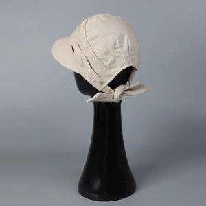 Beige cotton linen sun hat for women with soft brim and decorative back ribbon bow