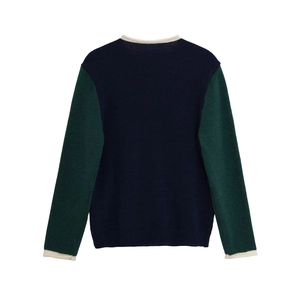 Pull en tricot à manches longues bleu marine et vert avec col rond et bordures