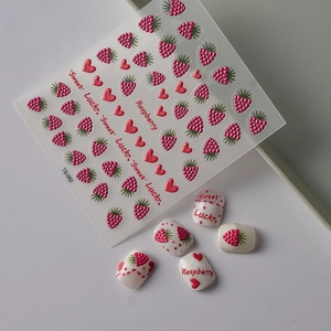 3D embossed raspberry nail stickers with heart designs and TS-062 pattern details
