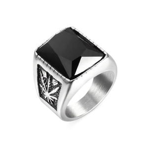 Vintage stainless steel ring for men featuring a large black square gemstone and leaf details