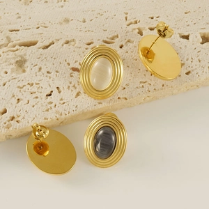 Boucles d'oreilles ovales en acier inoxydable avec incrustations de pierres naturelles