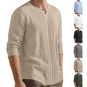 Men Casual Henley Shirt Linen Blend Long Sleeve Pintuck Front Loose Fit Beach Vacation Hippie Style Top