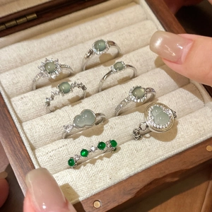 Vintage Green Resin Gourd Flower Ring Silver Tone Metal Zircon Inlaid Adjustable Open Finger Jewelry Gift For Women