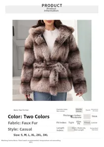 Detail view of the brown faux fur coat showing thickness index and material information