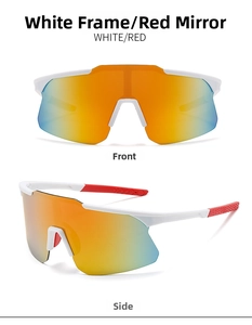 Front and side view of white cycling sunglasses with red mercury colorful mirrored lens