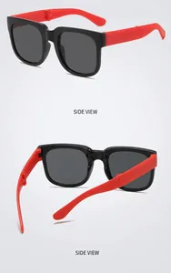 Detail view of foldable children's sunglasses in stylish black and red contrast frame