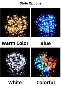 Detail of LED cherry blossom fairy lights in warm white, blue, white, and multi-color options