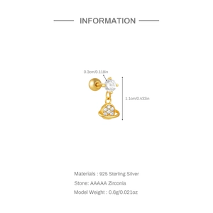 Detail of 925 sterling silver gold saturn earring with AAAAA zirconia and dimensions