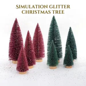 Artificial Mini Christmas Tree Decoration Plastic Glitter Frosted Bottle Brush Trees With Wood Base Desktop Ornaments Home Tabletop Festive