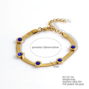 Detail of 18K gold-plated stainless steel snake chain bracelet with five blue gemstones
