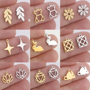 Stainless Steel Mini Pendants Charms For DIY Jewelry Making Hollow Bear Leaf Star Flower Design Small Pendants