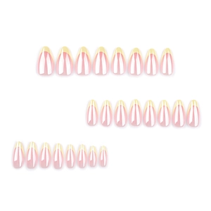 Uñas postizas de almendra cortas en rosa nude con puntas francesas amarillas, set de 24