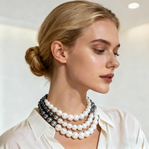 Three-layer faux pearl necklace featuring white and dark grey beads on a model