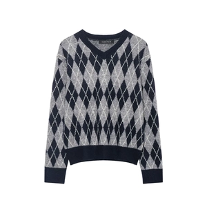 Women V Neck Argyle Knit Sweater Polyester Acrylic Long Sleeve Ribbed Cuff Geometric Pattern Preppy Vintage Pullover Top