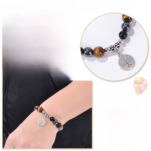 Bracelet triple protection en œil de tigre, obsidienne et pendentif arbre de vie