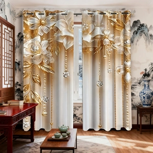 Detailed macro view of 3D gold floral pattern and silver grommet rings on velvet curtains
