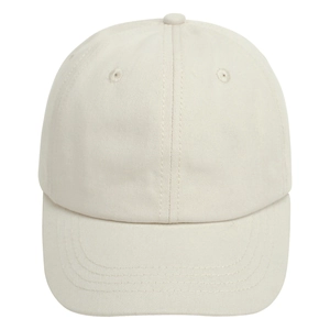 Detailed view of beige cotton twill baseball cap with curved brim and embroidered eyelets