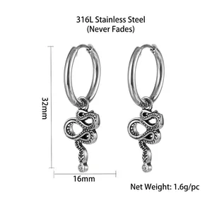 Snake charm hoop earrings in 316L stainless steel with vintage textured details