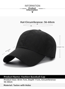 Size chart for black perforated Taslan baseball cap with dimensions and fit details