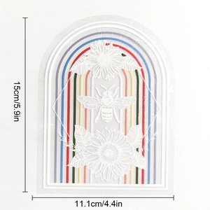 Detail view of sunflower bee suncatcher sticker showing dimensions 15cm by 11.1cm
