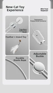 Detail view of cat puzzle toy with feather, silvervine ball and hanging elastic cord