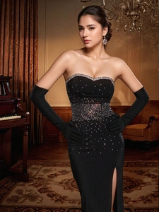 Elegant Black Strapless Rhinestone Evening Dress With Slit And Long Gloves Slim Fit Sexy Gala Prom Gown Women