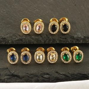 Five pairs of oval zircon earrings in various colors with golden stainless steel frames