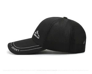 Detail of black sports baseball cap showing breathable mesh fabric and SPORT lettering