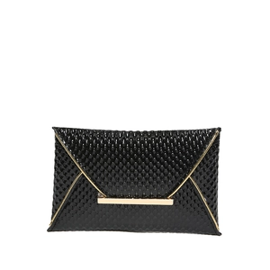 Elegant black envelope clutch bag with snake pattern texture and gold metal trim detail