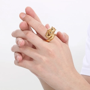 Detailed view of punk-style golden tiger head ring made of premium titanium steel