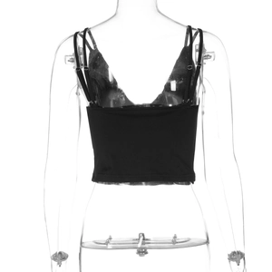 Back view of a black slim-fit crop top with thin straps on a mannequin detail