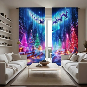 Detail of Christmas curtains featuring Santa sleigh over a snowy winter forest