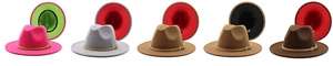 Detail of wool fedora hats featuring two-tone color lining and leather decorative bands