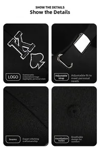 Detail view of black cotton baseball cap showing K embroidery and metal adjustable strap