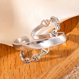 Detailed close-up of a silver stainless steel double-layered ring with a chain design
