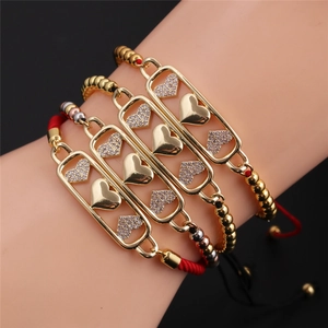 Gold Plated Copper Bracelet With Cubic Zirconia Heart Charms Adjustable Braided Rope Fashion Jewelry Gift