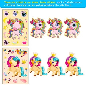 Detail view of unicorn DIY stickers showing base sheets and colorful mix-and-match results