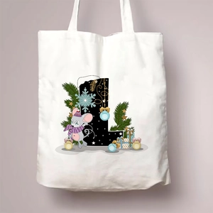 Detail of Christmas canvas tote with letter L and cute winter cartoon illustration