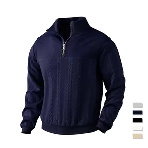 Men's navy blue quarter-zip knit sweater with textured cable patterns and ribbed cuffs