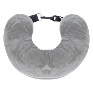 Oreiller de voyage en peluche grise avec forme ergonomique en U et boucle réglable