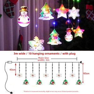 Macro detail of LED Christmas curtain lights with snowman and star festive patterns