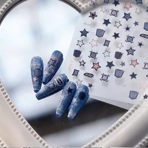 3D embossed denim style nail stickers featuring stars and pocket textures in blue