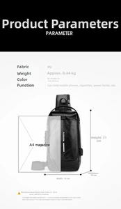 Detailed view of black PU leather chest bag with dimensions and USB charging port