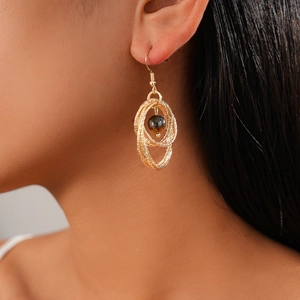 Bohemian gold layered geometric hoop earrings with tiger eye stone bead for women
