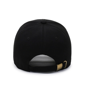 Black baseball cap featuring a rear view with an adjustable bronze metal buckle strap